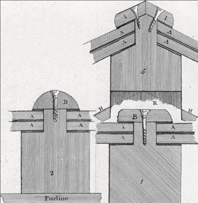 A diagram showing the internal positioning of rebated rafters in Rawlinson's patent