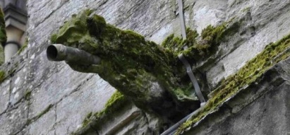 Original gargoyle in situ, badly eroded along one side but with head mostly legible