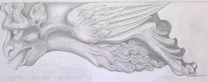 Gargoyle design of fantastical winged creature: side view, pencil drawing