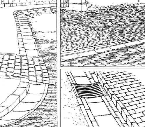 Three diagrams showing traditional paving designs