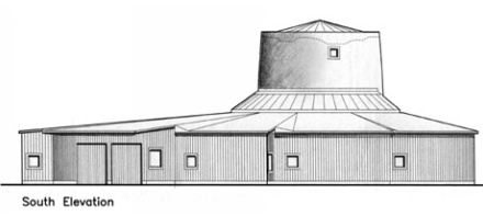 Architectural drawing showing elevation of proposed new building incorporating the ruined windmill