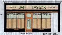 Architectural drawing showing shopfront design for Dan Taylor, hatter and hosier; upper portion of windows etched with Art Deco style geometric pattern