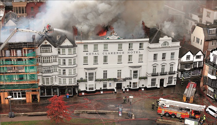 Royal Clarence Hotel on fire