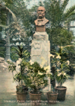 Historical postcard showing statue of Gladstone in the Palm House, Stanley Park