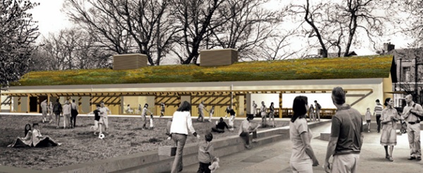 Computer-generated image showing proposed 4C Pavilion exterior and grass-sewn 'green roof'