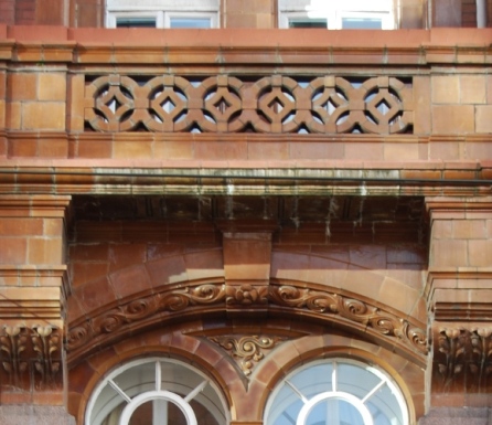 Detail of balcony: the underside has faded badly where G R P was used