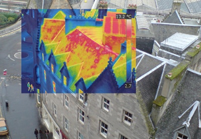 Temperature variations across a roof with higher temperatures shown in red near the apex grading down to cooler greens and blues towards eaves level