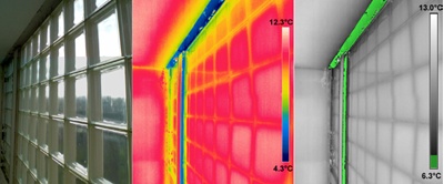 Visual (L), thermal (Centre) and dewpoint (R) thermal images of the same window with higher condensation risk indicated at edges of frame