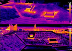 'Before' and 'after' thermograms showing heat loss reduction caused by roof insulation
