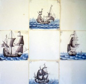 Tiles featuring hand-painted sailing ships