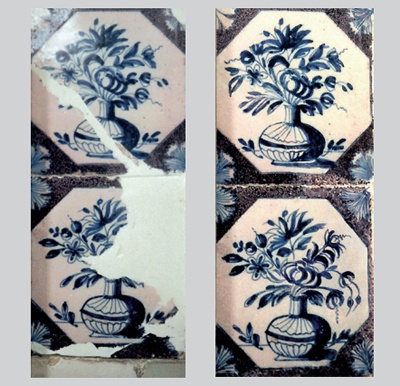 Picture of two vertically adjacent tiles with flower vase decoration before and after restoration