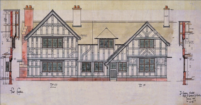 1906 working drawing mainly showing the design for a timber-framed house