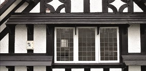 Close-up of a timber-framed gable in Port Sunlight
