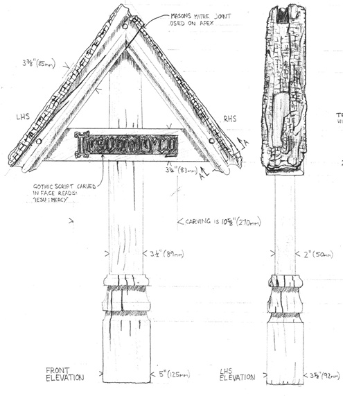 Drawings showing front and left hand side elevations of a timber cross
