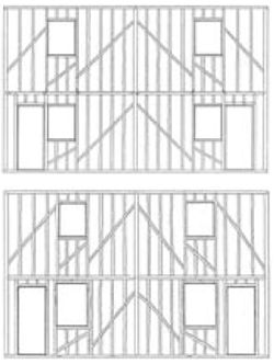 Drawing showing original timber frame (top) and altered frame with new window positions
