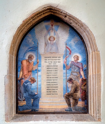 Oil on canvas in arched stone niche with epitaph at centre surmounted by angel