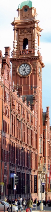 The clocktower and main facade of the Palace Hotel with its distinctive terracotta facing