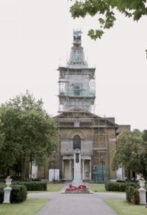 Scaffolded facade of St John-at-Hackney, London