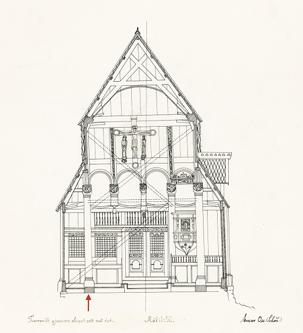 Elevation showing cross section of the nave at Urnes stave church from the east