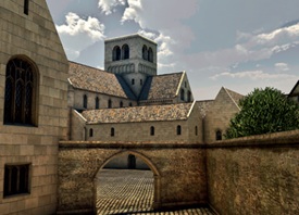 Digital reconstruction of the Priory of the Holy Trinity with archway and paved courtyard in foreground