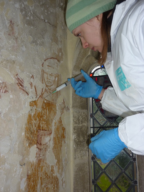 Consolidation of medieval wall paintings utilising injections of nanolime. All Saint's Chruch, Little Kimble, Buckinghamshire