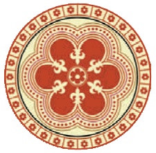 Roundel design in red and yellow based on a sexfoil with cusps ending in fleurs-de-lis