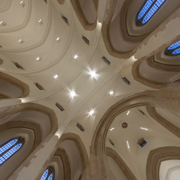 Guildford Cathedral: the main lighting is provided by LED spotlights at 22m in bespoke housings suspended from exisiting hanging points